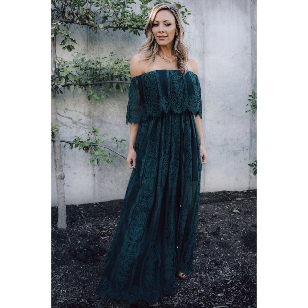 Baltic Born Caroline Lace Maxi Dress XL Emerald Off the Shoulder Cottagecore - Picture 4 of 12